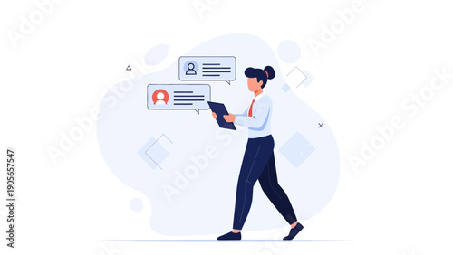 Woman texting on digital tablet, chat bubbles with avatars, modern communication concept