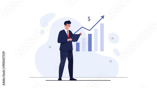 Businessman analyzing financial growth chart with upward arrow and dollar sign