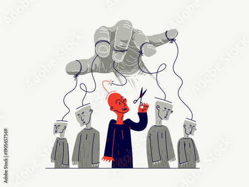 Hand of a toxic manipulator controls his victims and one person has freed from control, social manipulations and independence, vector illustration of psychological manipulation.