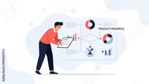 Business man analyzing product progress charts and graphs on a whiteboard