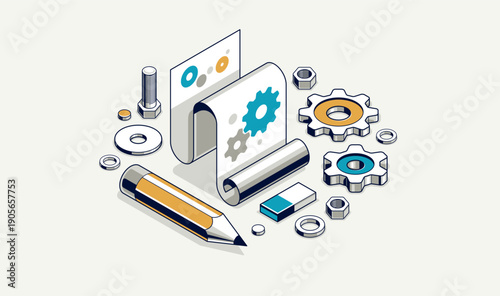 Mechanical engineering project concept, engine draft plan drawing, technical scheme blueprint, paper sheet with gears and pencil 3D isometric vector illustration, repair tutorial.