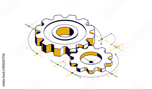 Mechanical engineering concept, gears and cogs with project drawing draft isometric 3D vector illustration, cogwheels system technology and technics machinery engine.