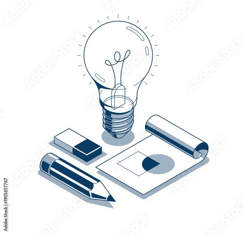 Creative engineering idea concept, light bulb with pencil and engineer blueprint plan 3D isometric vector design, engineering project, education and learning, invention and solution concept.