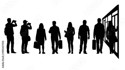 silhouettes of business people and families standing and walking together in different poses as a black vector illustration showing a crowd in action
