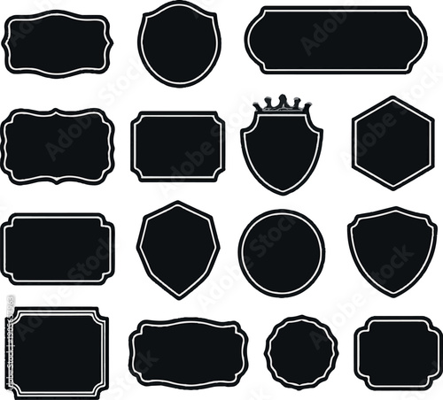 Black Silhouette Label and Badge Set with Minimal Emblems, Ribbons and Seals for Branding, Logos, Packaging and UI Design