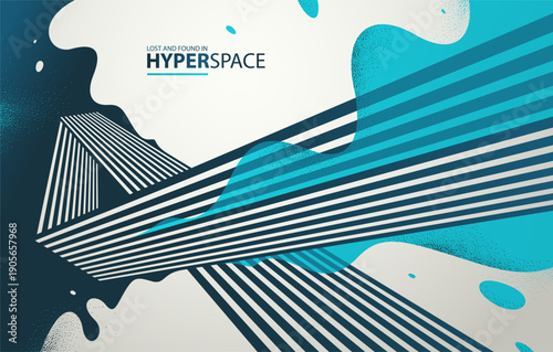 Blast of exploding lava over parallel lines in perspective vector abstract background, concept of order converting to chaos as entropy is rising, surreal fluid splash.