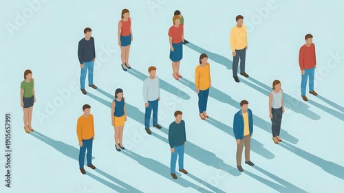 Diverse group of isometric illustrated people standing together on a light blue background, casting distinct shadows and representing a connected community or a collaborative professional workforce.