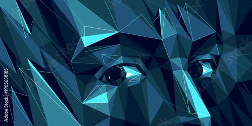 Tableau sur toile Boy male face low poly vector illustration, dark wallpaper with face and eyes looking at camera, artificial intelligence AI concept, psychology and personality