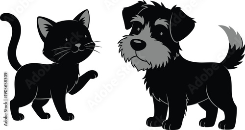 Cute black cartoon cat and dog characters, friendly pet illustration for kids, mascots, stickers, animal design