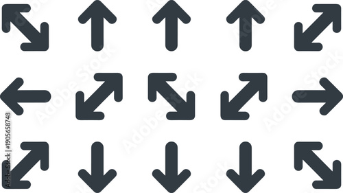 Rounded arrow icon set showing up down left right diagonal directions minimal navigation symbols for ui ux interface design