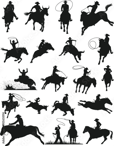 Rodeo cowboy silhouettes collection, horseback riders lasso action scenes, western equestrian sports, wild west culture icons, black vector figures isolated on white background
