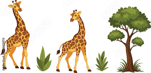 Giraffe cartoon illustration with tree and plants safari wildlife nature vector elements