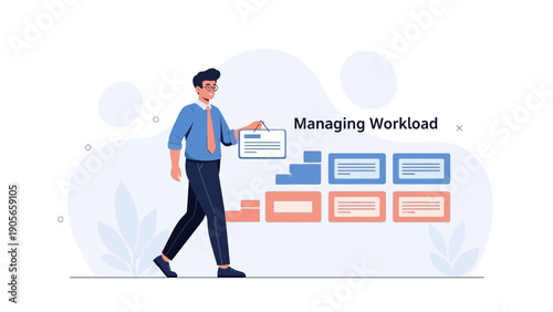 Businessman managing workload with a chart and plans on white background