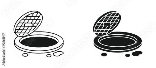 Open manhole icon set, symbolizing urban infrastructure, drainage systems, and underground access, vector illustration.