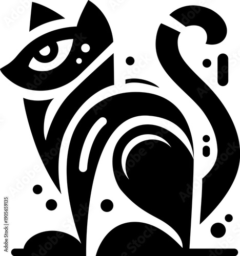 Minimalist black and white vector illustration of a stylized cat. Modern abstract feline icon or logo, isolated on white background.