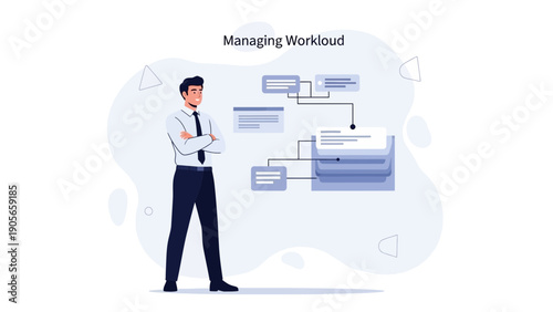 Businessman managing workload with flowchart and organization chart