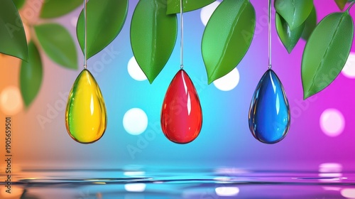 Vibrant CMYK Paint Drops Hanging from Green Leaves with Colorful