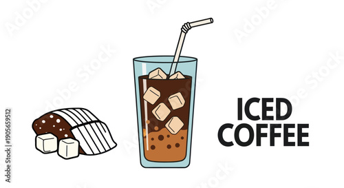Iced Coffee Drink with Straw and Ice Cubes.