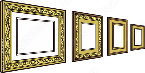 A collection of antique picture frames are presented against a stark white background. The frames are rectangular, varying in size, ornamentation, and color. The largest frame is positioned on the lef