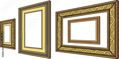A collection of antique picture frames are presented against a stark white background. The frames are rectangular, varying in size, ornamentation, and color. The largest frame is positioned on the lef