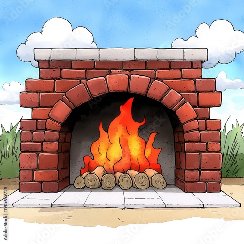 Vibrant Flames in a Rustic Brick Fireplace on a Sunny Day