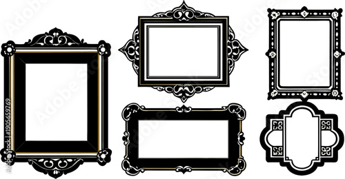 A collection of antique picture frames are presented against a stark white background. The frames are rectangular, varying in size, ornamentation, and color. The largest frame is positioned on the lef