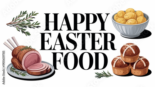 Happy Easter Food Roast Lamb, Potatoes, and Hot Cross Buns Illustration