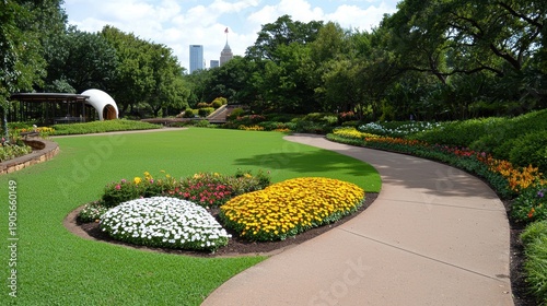 Vibrant Flowerbeds and Lush Green Park with City Skyline