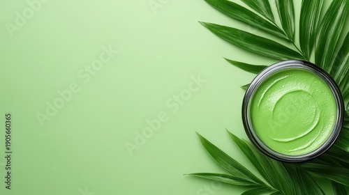Vibrant Green Cosmetic Cream with Palm Leaves on Pastel Green