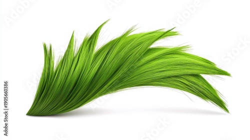 Vibrant Green Feathers in Dynamic Swirl Against White Background