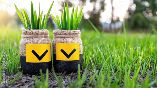 Vibrant Green Plants Sprouting in Burlap Jars with Checkmarks on Lush