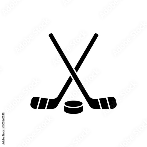 A minimalist icon featuring crossed hockey sticks and a puck.