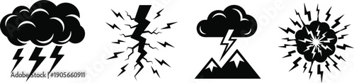 Storm and lightning silhouettes, thundercloud icons, electrical discharge artwork, mountain storm illustration, explosion energy burst design, black silhouette artwork, flat vector illustration