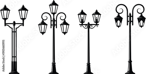 Vintage street lamp silhouettes, multi-lantern posts, ornate pole designs, decorative outdoor lighting fixtures, classical architecture elements, urban streetlight artwork, flat vector illustration