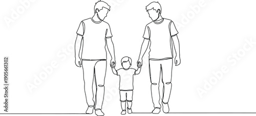 Simple continuous line drawing depicts two fathers walking hand in hand with their small happy child symbolizing modern family love and togetherness