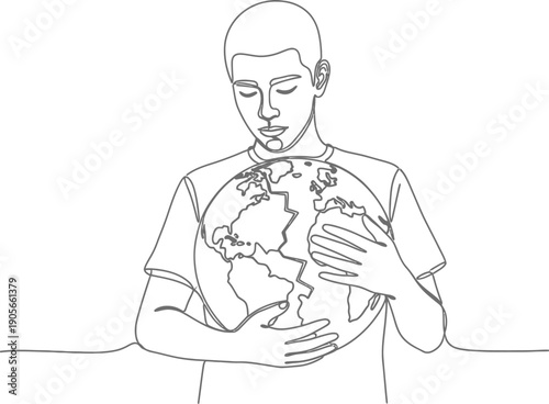Young person tenderly cradling a cracked globe in a single continuous line art drawing symbolizing global fragility and environmental care.
