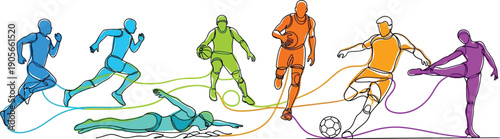 Dynamic continuous line art illustration showcases diverse athletes engaged in running swimming basketball soccer and stretching activities
