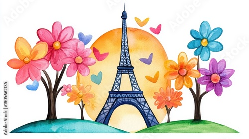 Vibrant Watercolor Eiffel Tower with Colorful Flowers and Butterflies
