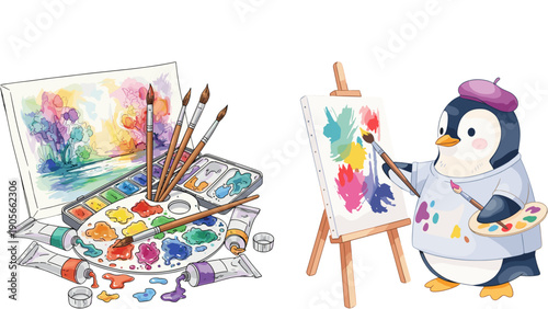 A cartoon penguin wearing a beret paints on an easel next to a palette with brushes and paints on a white background with a colorful artistic mood.