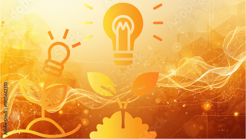 Illustration of glowing lightbulbs and a sprouting plant with leaves on a vibrant orange and yellow gradient background with abstract lines and sparks.