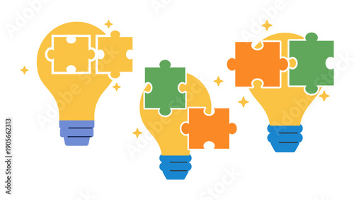 Colorful puzzle pieces forming light bulbs on a white background with a creative and innovative mood.
