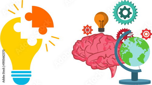 Flat illustration of a lightbulb with a puzzle piece, a brain with gears and a globe on a stand against a clean white background.