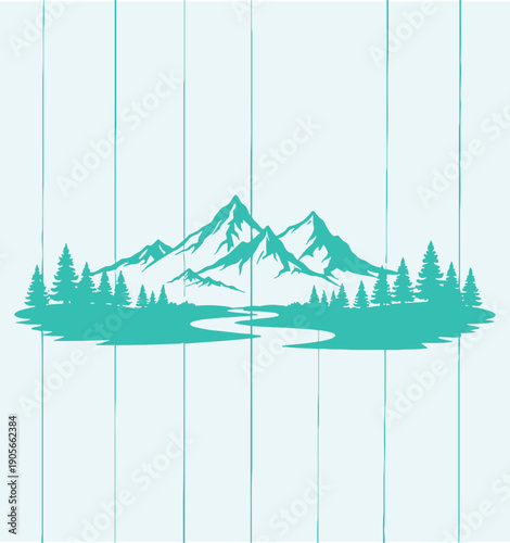 Mountain range with lake and trees in a stylized teal illustration