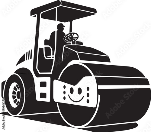 Black and white of a road roller with a smiling face on the front steamroller construction vehicle