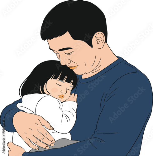 Loving father holding his sleeping young daughter in a warm embrace vector illustration, parenting concept of care affection and family bonding moments.