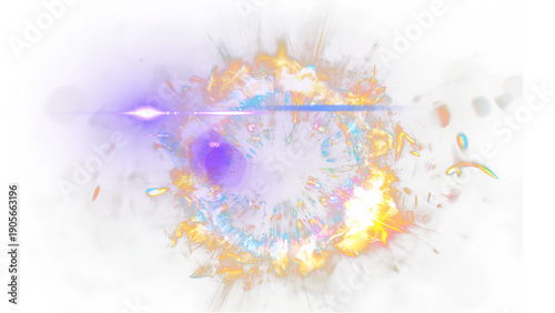 Vibrant abstract composition with swirling purple, blue, and orange hues against a white background, showcasing dynamic colorful patterns.