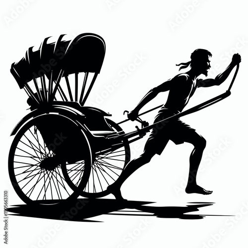 Running Rickshaw Puller Silhouette with Traditional Street Transport