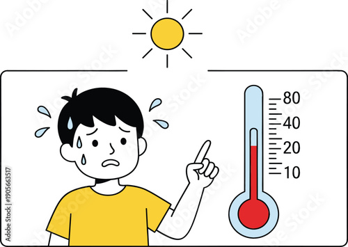 Cute cartoon boy sweating in hot summer weather pointing at high temperature thermometer under bright sun for heatwave safety and climate change concept vector