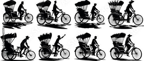 Silhouette of Rickshaw Bicycle Rider Set Illustration