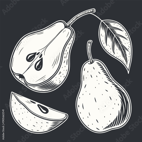 A collection of stylized pear illustrations is presented against a stark black background. The main subject is the pears, which are rendered in a grayscale, pen-and-ink style. The style has a vintage,
